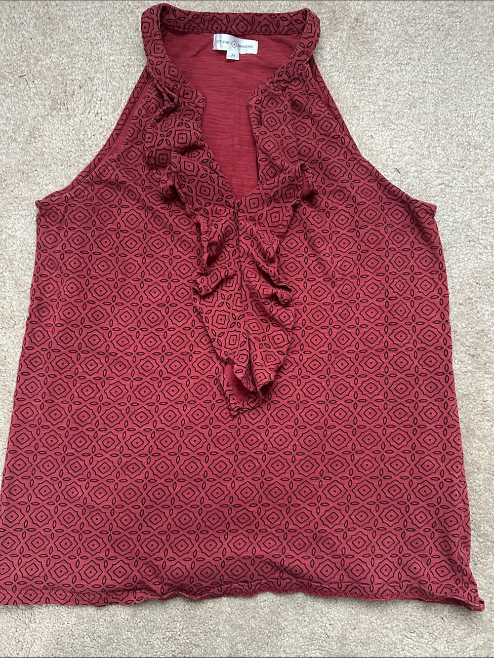 Valerie Stevens Burgundy Geo-Print Ruffle V-Neck Tank